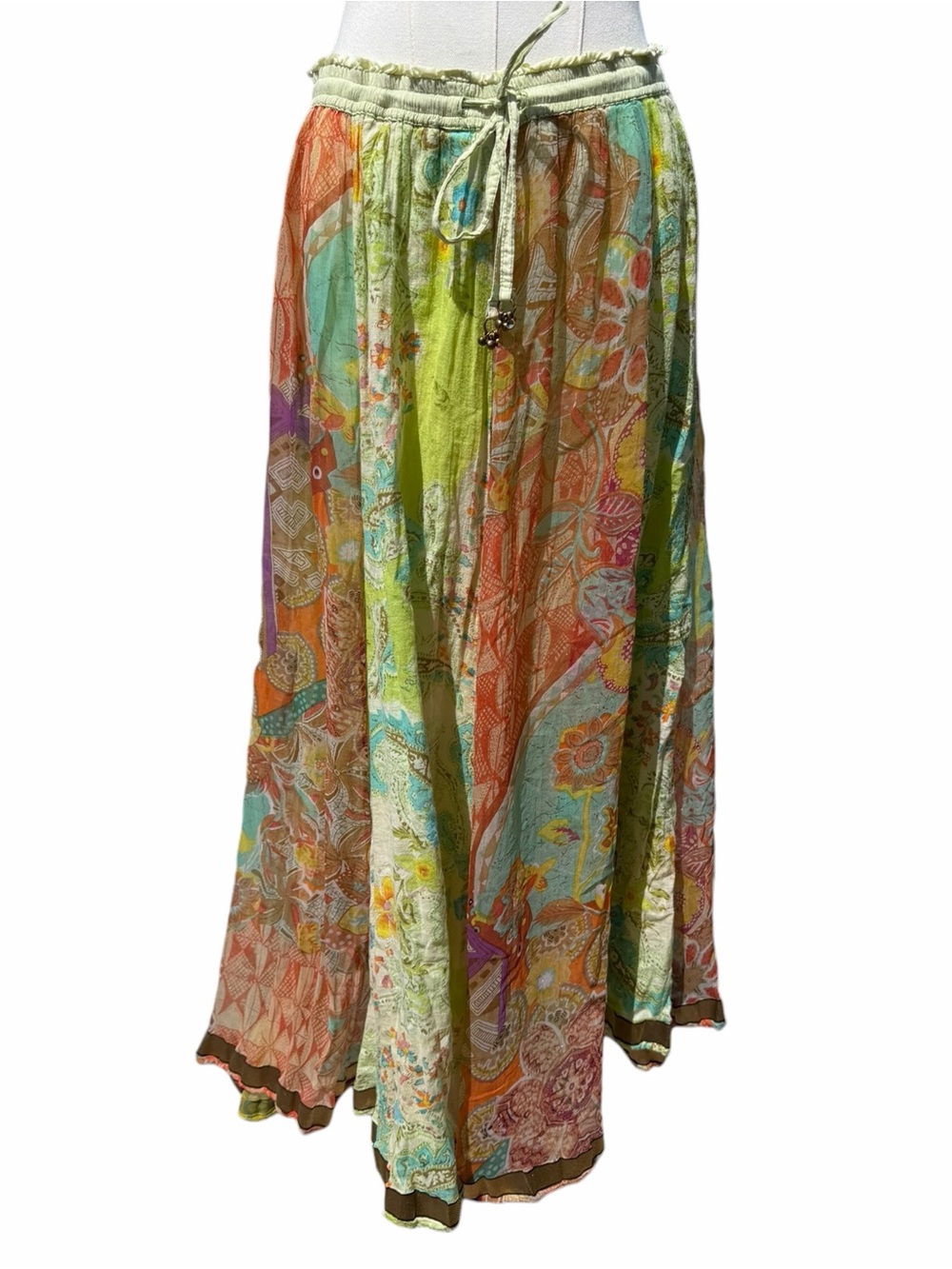 Anu by Natural Patchwork Boho Maxi Skirt Multicolor Floral Paisley Drawstring XL